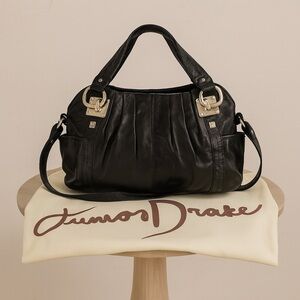 Junior Drake Breanna Satchel Clutch Shoulder Bag Black Leather Silver Hardware